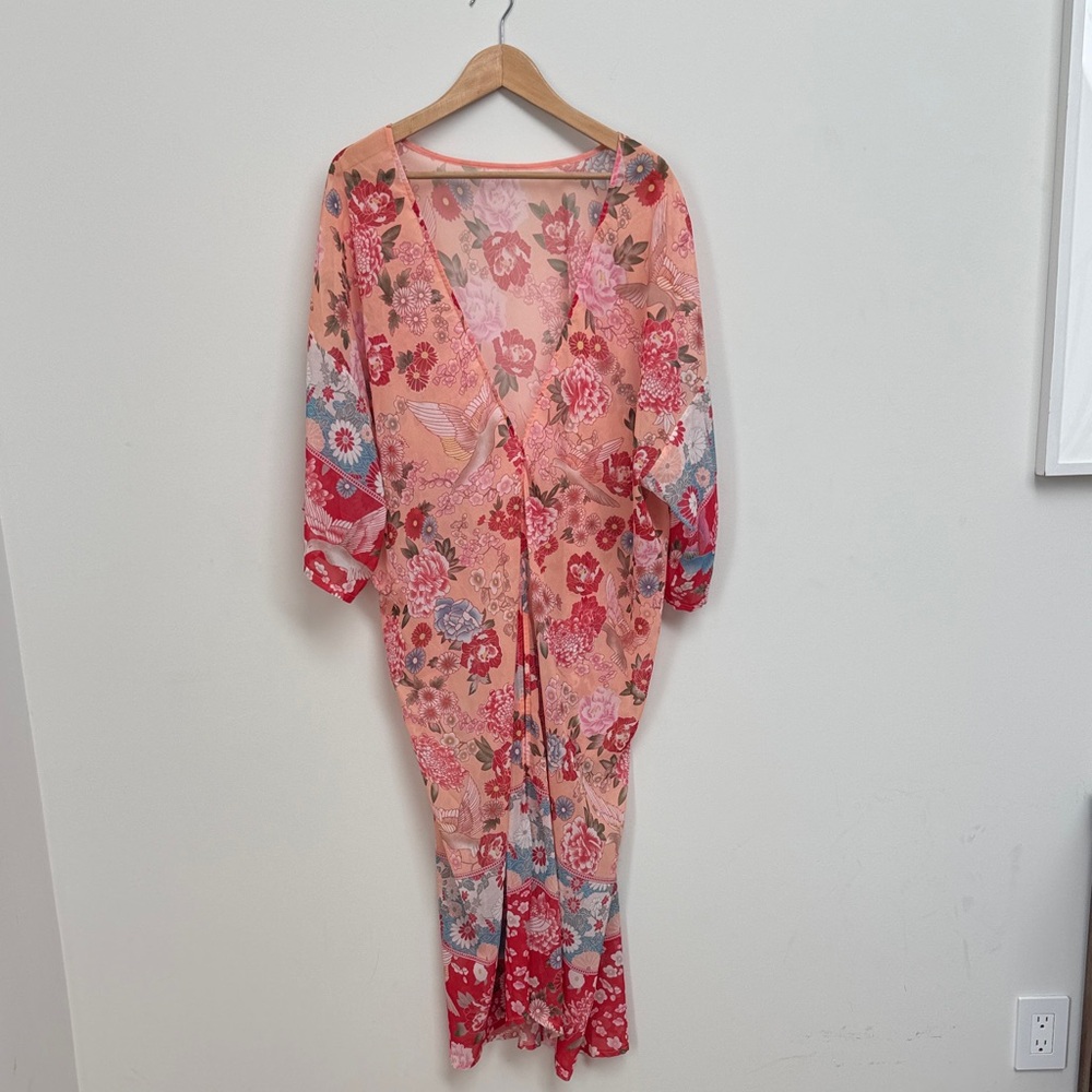Tickled Pink Floral Kimono Duster Women's M/L Vintage Style Open Front